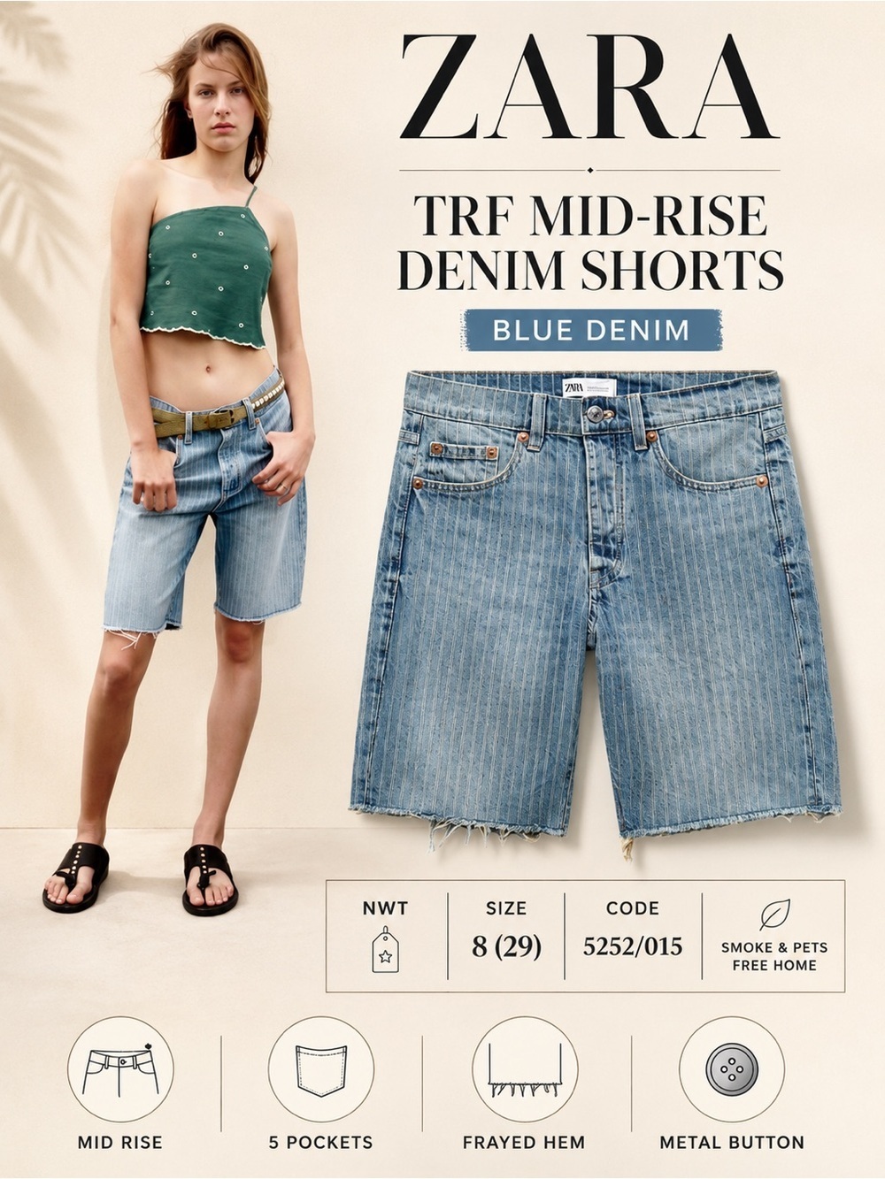 ZARA TRF Blue Mid-Rise Denim Shorts NWT Size 8 / 29